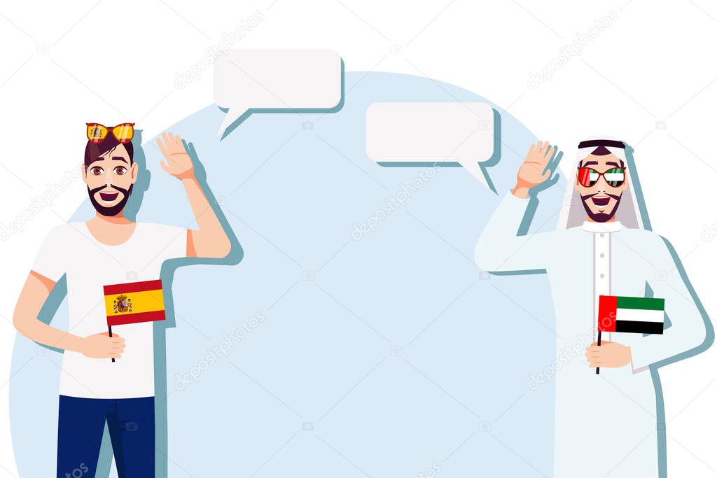 Men with Spanish and UAE flags. Background for text. Communication between native speakers of Spain and the UAE. Vector illustration.