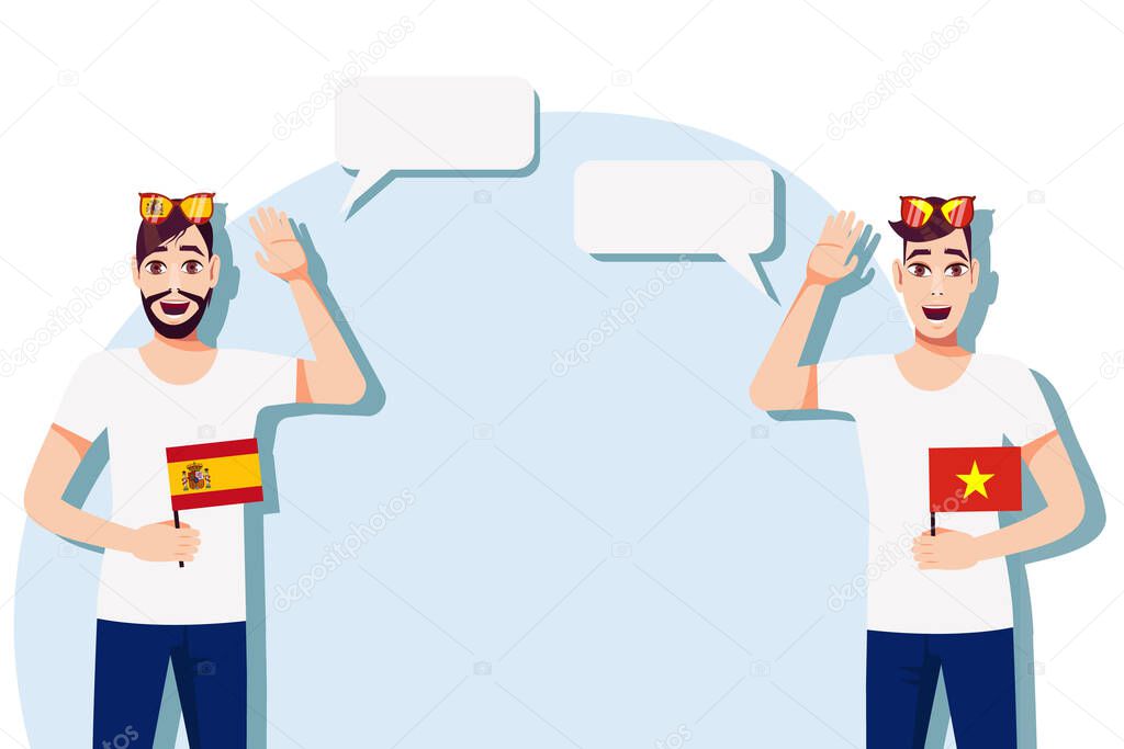 Men with Spanish and Vietnamese flags. Background for text. Communication between native speakers of Spain and Vietnam. Vector illustration.
