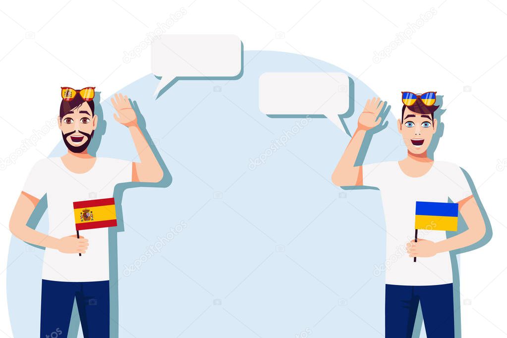 Men with Spanish and Ukrainian flags. Background for the text. Communication between native speakers of the language. Vector illustration.