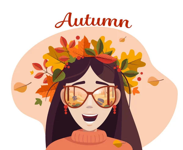 美丽的姑娘 留着秋天的树叶 戴着太阳镜 倒映在秋天的公园里 矢量说明 — 图库矢量图片