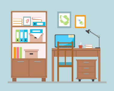 Ev işyerinin düz tasarım vektör çizimi, bilgisayarlı çalışma alanı. Düz renkli minimalist stil. Çalışma odasının içinde. Vektör illüstrasyonu.