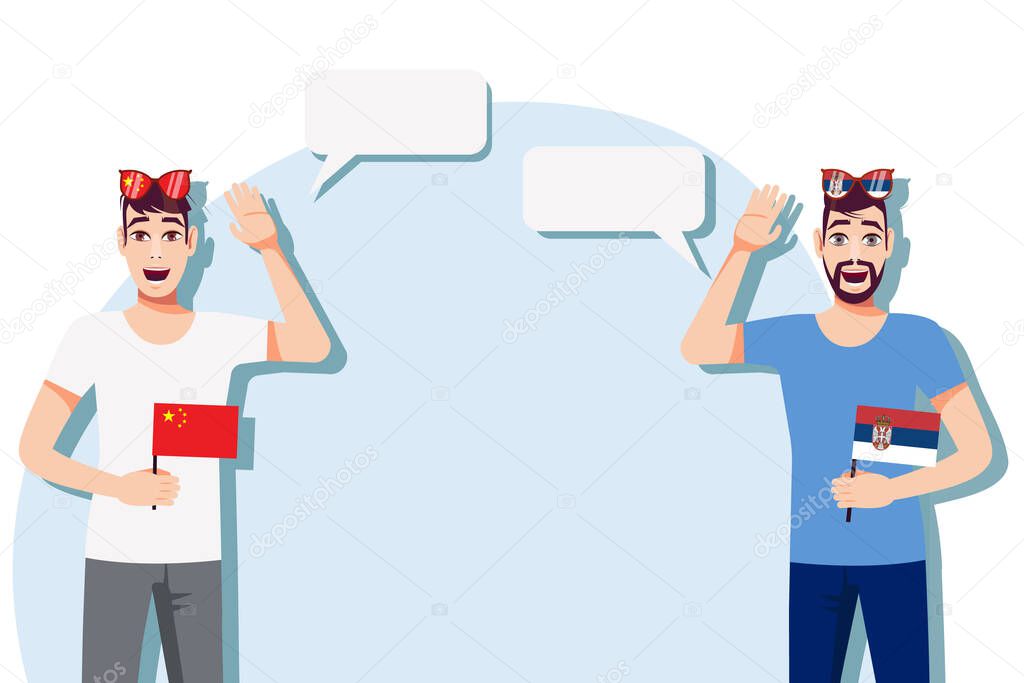 The concept of international communication, sports, education, business between China and Serbia. Men with Chinese and Serbian flags. Vector illustration.