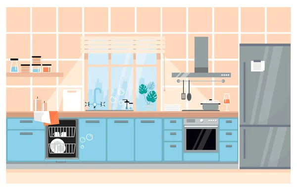 居心地の良いキッチン インテリア家具とコンロ 食器棚 冷蔵庫 調理器具 フラット漫画スタイルのベクトル図 — ストックベクタ