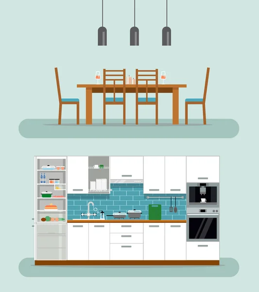 舒适的厨房内部 有桌子 碗碟和冰箱 有家具的厨房 平面样式矢量图解 — 图库矢量图片