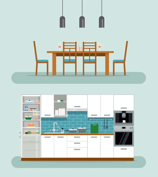 Acogedor Interior Cocina Con Mesa Estufa Armario Vajilla Nevera Cocina — Vector de stock