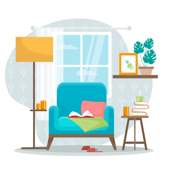 stock vector Chair in livingroom with table, books and window. Vector illustration. in flat style.