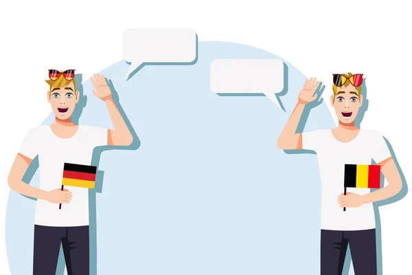 拿着德国和比利时国旗的男人案文的背景 德国和比利时母语人士之间的交流 矢量说明 — 图库矢量图片