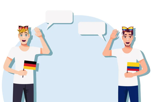 拿着德国和哥伦比亚国旗的男人案文的背景 德国和哥伦比亚母语人士之间的交流 矢量说明 — 图库矢量图片