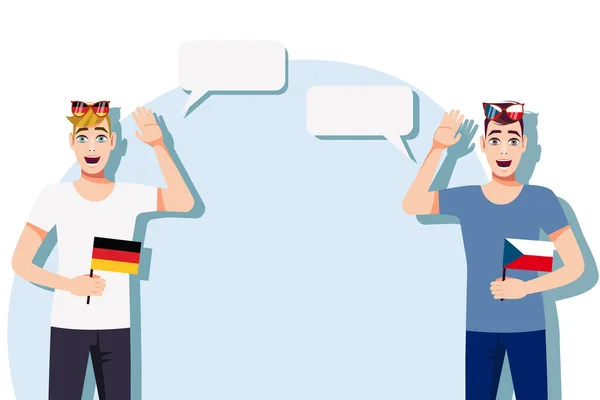 德国和捷克之间的国际交流 商业概念 拿着德国和捷克国旗的男人矢量说明 — 图库矢量图片