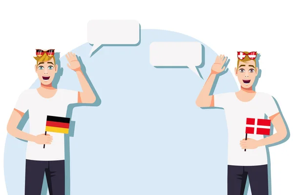 拿着德国和丹麦国旗的男人案文的背景 母语人士之间的沟通 矢量说明 — 图库矢量图片
