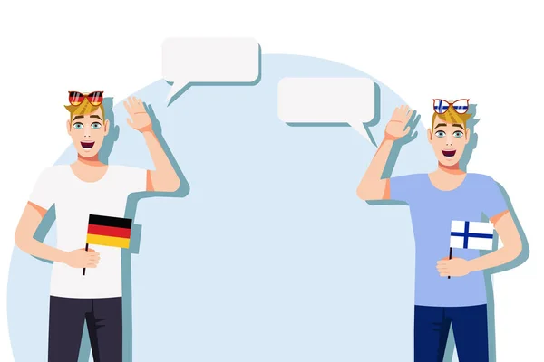 ドイツとフィンランドの旗を持つ男性 テキストの背景 ドイツとフィンランドの母語話者間のコミュニケーション ベクターイラスト — ストックベクタ