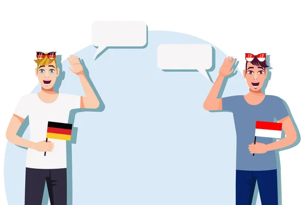 德国和印度尼西亚之间的国际交流 商业概念 拿着德国和印度尼西亚国旗的男人矢量说明 — 图库矢量图片