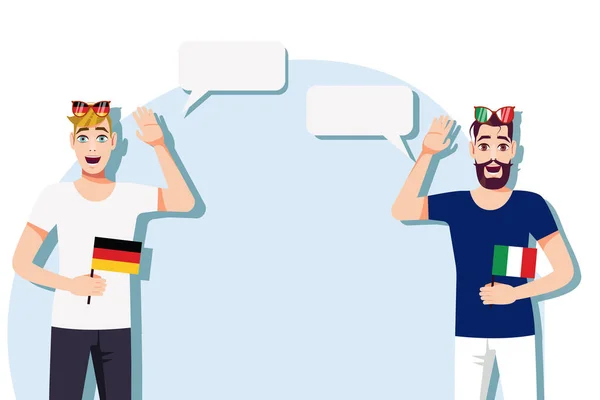 拿着德国和意大利国旗的男人国际交流 商业的概念 德国和意大利之间的对话 矢量说明 — 图库矢量图片
