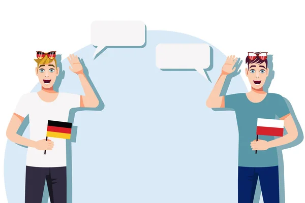 德国和波兰之间的国际交流 商业概念 拿着德国和波兰国旗的人矢量说明 — 图库矢量图片