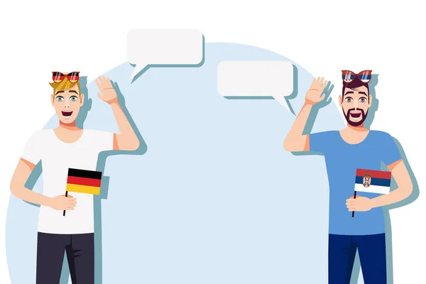 国際コミュニケーション スポーツ ドイツとセルビアのビジネスの概念 ドイツとセルビアの旗を持つ男性 ベクターイラスト — ストックベクタ