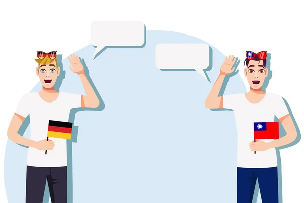 拿着德国和台湾国旗的男人案文的背景 讲德语和台湾语的人之间的交流 矢量说明 — 图库矢量图片