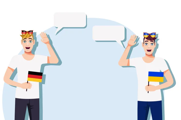德国和乌克兰之间的国际交流 商业概念 拿着德国和乌克兰国旗的人矢量说明 — 图库矢量图片