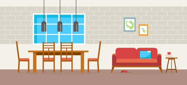 Sala Estar Sala Jantar Com Mobiliário Ilustração Vetorial Estilo Plano —  Vetores de Stock