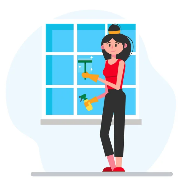 Mujer Haciendo Limpieza Ventanas Ilustración Vectorial Estilo Plano — Vector de stock