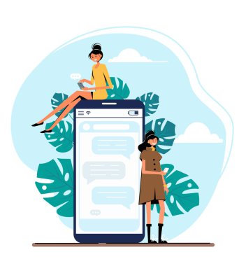İki kişi cep telefonuyla konuşuyor. Güzel kadınlar. Akıllı telefon iletişim konsepti. Vektör illüstrasyonu.