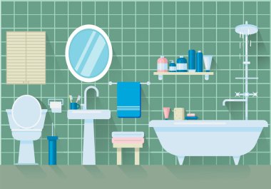 Banyo mobilya ve uzun gölgeler. Düz stil vektör çizim.