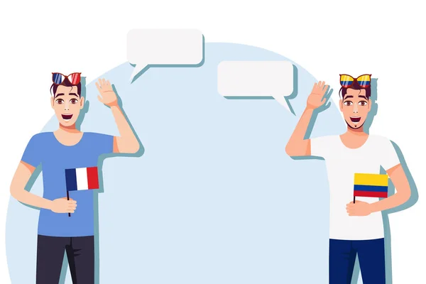 拿着法国和哥伦比亚国旗的男人案文的背景 讲法语和哥伦比亚语的人之间的交流 矢量说明 — 图库矢量图片