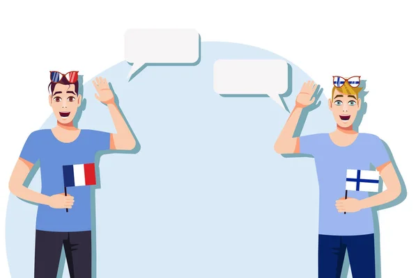 フランス語とフィンランド語の旗を持つ男性 テキストの背景 フランスとフィンランドの母語話者間のコミュニケーション ベクターイラスト — ストックベクタ
