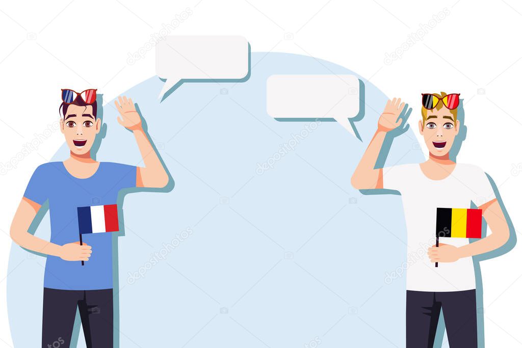 Men with French and Belgian flags. The concept of international communication, education, sports, travel, business. Dialogue between France and Belgium. Vector illustration.