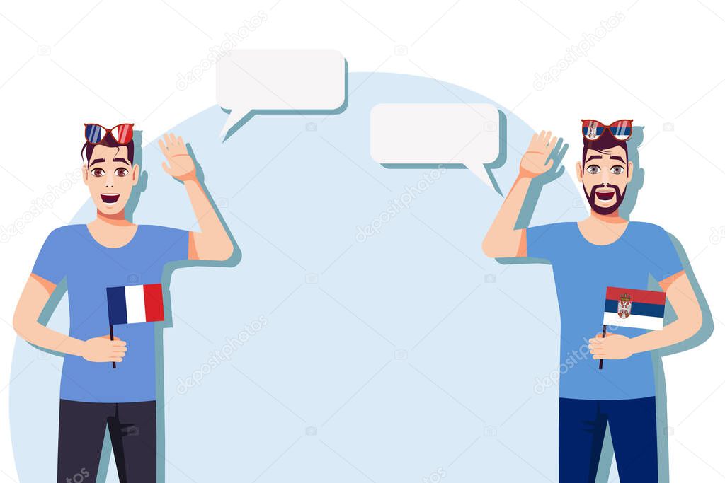The concept of international communication, sports, education, business between France and Serbia. Men with French and Serbian flags. Vector illustration.