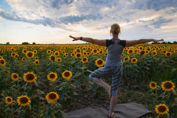 Äldre Vacker Kvinna Engagerad Yoga Figurer Bakgrunden Ett Fält Solros — Stockfoto