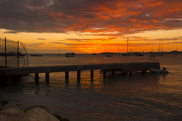 Wooden Pier Backdrop Picturesque Sunset Sky Saint Martin Caribbean Sea — Stock Photo, Image