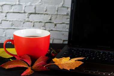 Sonbaharda evden çalışacağım. Dizüstü bilgisayar, kırmızı bardak ve sonbahar yaprakları ve beyaz tuğla bir duvarın arka planında siyah bir masanın üzerinde.