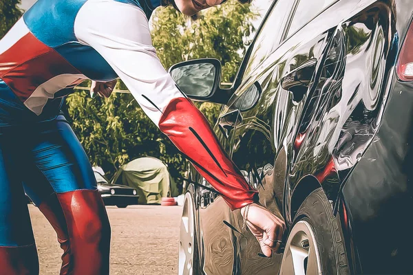 A woman punches a car and leaves a dent in the fender of a black car.