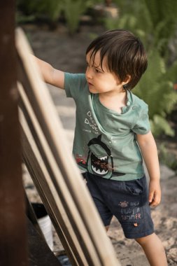 Köydeki bir çocuk yazın çitleri kahverengiye boyuyor.