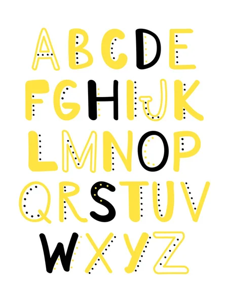 Mignon Alphabet Drôle Abc Jaune Noir Illustration Vectorielle Dessinée Main — Image vectorielle