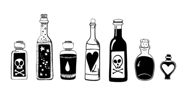 Set of seven bottles. Love, hate, dead, live. Handdrawn stock vector illustration. Retro style ink sketch.
