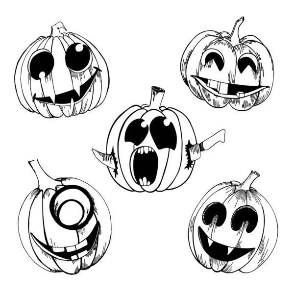 Ensemble Cinq Citrouilles Halloween Illustration Dessinée Main Sur Style Doodle — Image vectorielle