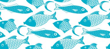 Komik mavi balıklar. Karalama elementleriyle kusursuz desen. 