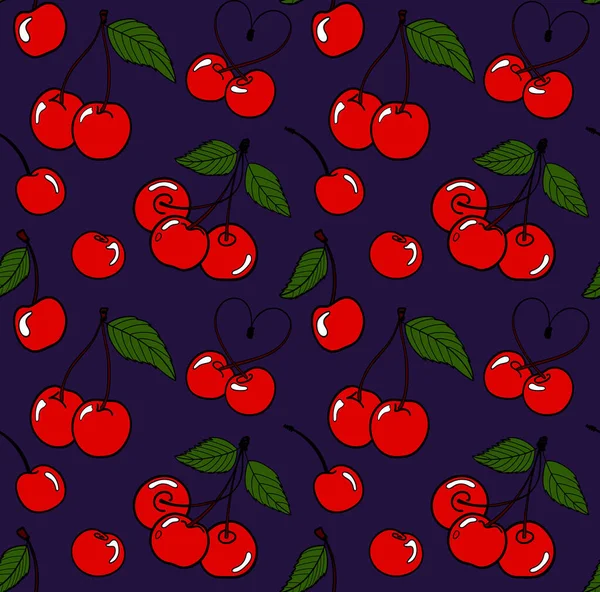 Sweet Cherry Dark Background Hand Drawn Seamless Pattern Vector Stock — Stock Vector