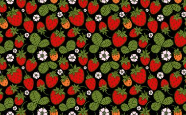 Çilek arkaplanı. Renkli böğürtlenli kusursuz desen. El çizimi vektör stok illüstrasyonu.
