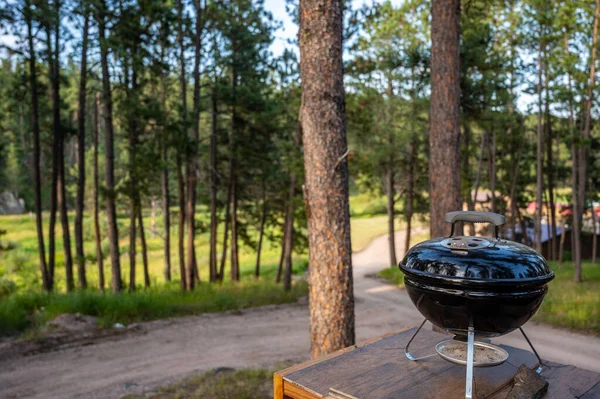 Concéntrate en una parrilla de carbón portátil en un camping con vistas a un bosque verde — Foto de Stock
