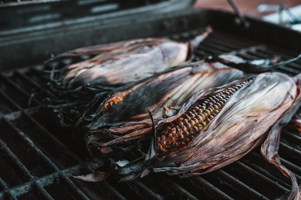 Slightly charred sweet corn on the cob with husk on resting on a grill grate — Stock Photo, Image