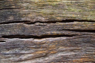 Tahıl, çatlak ve katmanlı dokuları gösteren eski, yıpranmış ahşap yakın çekim. Kırsal yüzey doğal, topraksı tonlar ve arka plan veya mimari görseller için uygun engebeli, dokunsal bir hissi çağrıştırıyor..