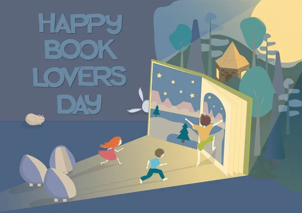Dzieci Uwielbiają Czytać Ilustracja Wektorowa Szczęśliwego Dnia Miłośników Książek Tekst — Wektor stockowy