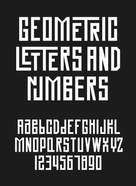   Geometrik vektör alfabesi ve sayılar. Siyah arkaplanda beyaz harfler.