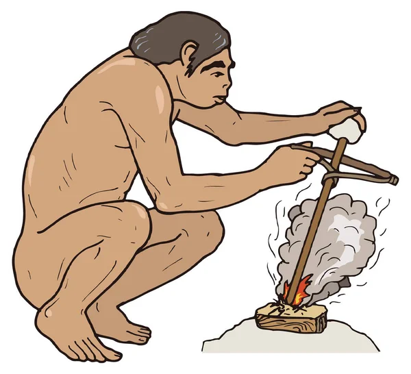 Starożytny Człowiek Zrobić Ogień Dinozaur Starożytny Wektor Ilustracja Przezroczyste Tło — Wektor stockowy
