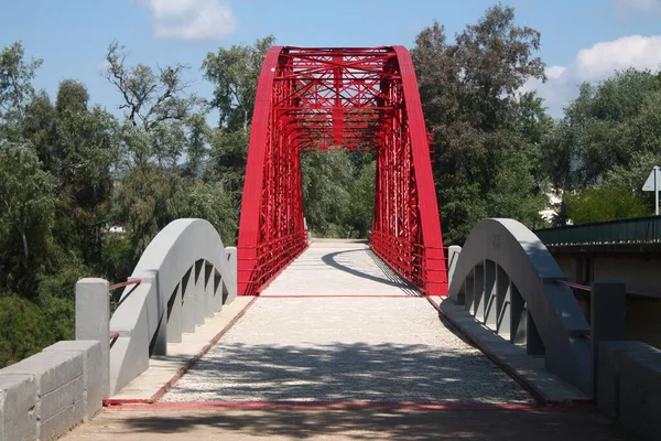Puente de hierro de color rojo pasando por rio