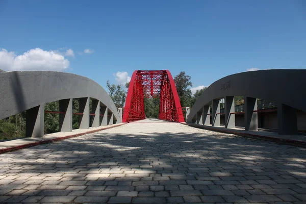Puente de hierro de color rojo pasando por rio