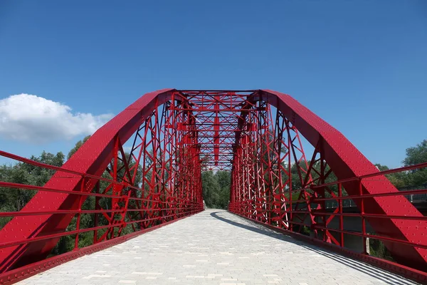 Puente de hierro de color rojo pasando por rio