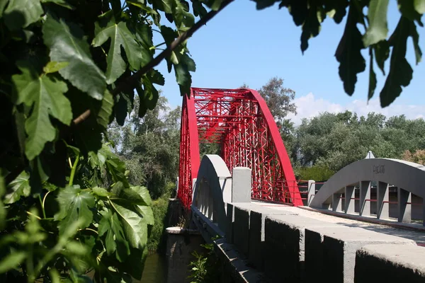 Puente de hierro de color rojo pasando por rio